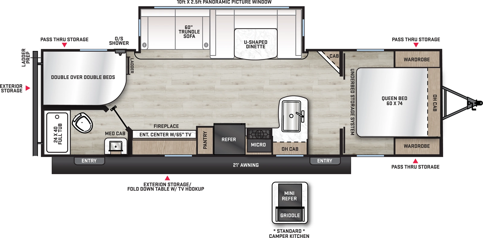 The Aurora 27DBH floorplan has two entries and one slide out. Exterior features include: metal exterior, 21' awning and outside kitchen. Interiors features include: bunk beds, u-dinette and front bedroom.